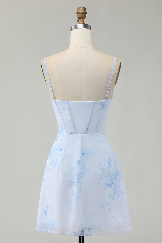 Light Blue Floral Tight Ruched Short Corset Homecoming Dress