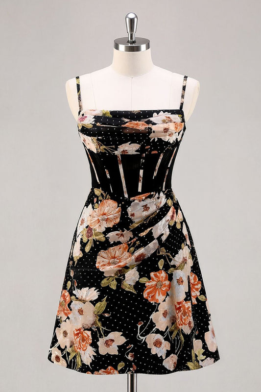 Sparkly Black Floral Short Corset Homecoming Dress with Beading