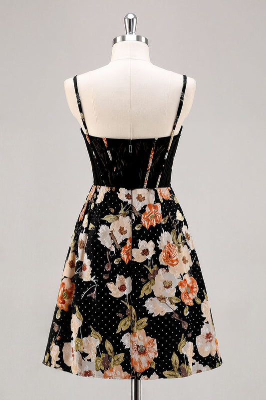 Sparkly Black Floral Short Corset Homecoming Dress with Beading