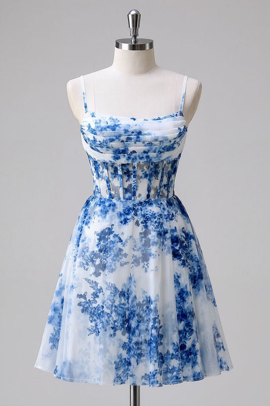 Blue Floral Tulle Ruched A Line Short Corset Homecoming Dress