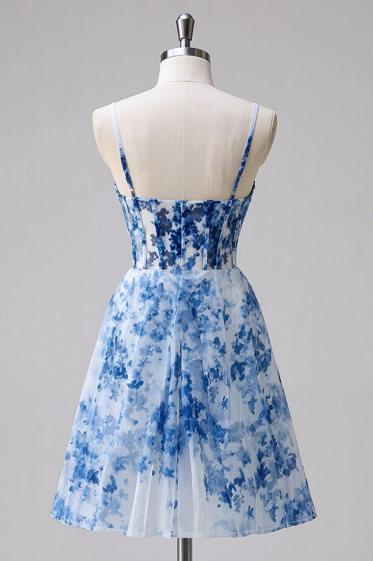 Blue Floral Tulle Ruched A Line Short Corset Homecoming Dress