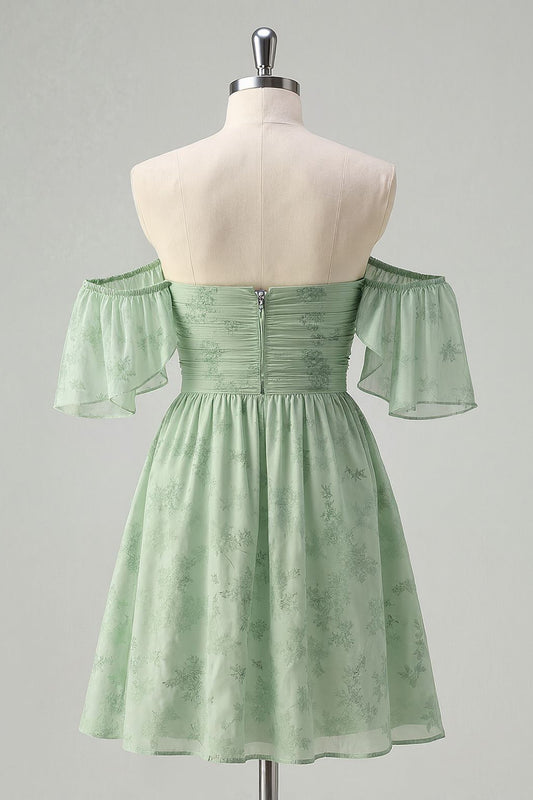 Sage Green Off the Shoulder Floral Short Homecoming Dress with Ruffles
