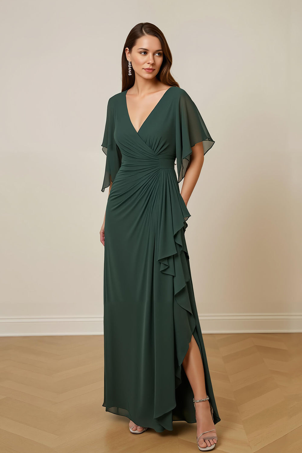 green chiffon wrap dress Goddiva Sustainable Front Split Wrap Style Chiffon Maxi Dress