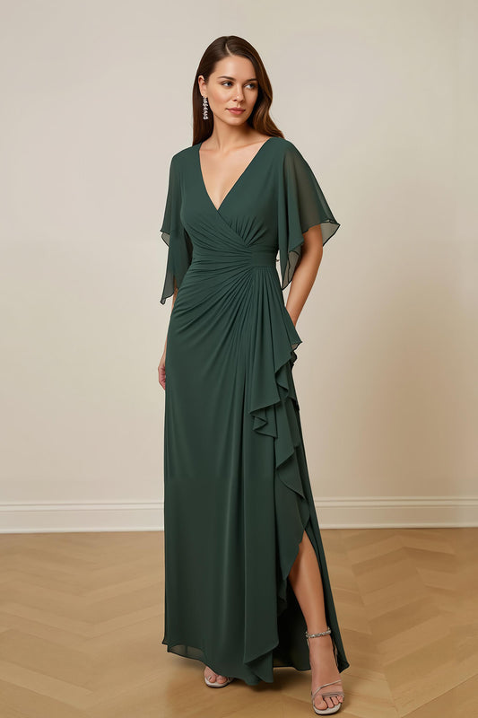 Dark Green Chiffon Sheath Ruched Long Mother of the Bride Dress with Ruffles