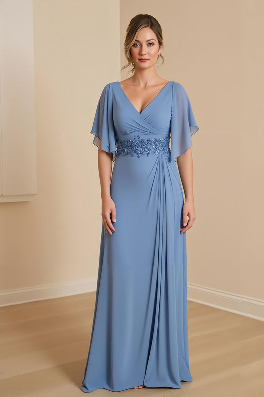 Dusty Blue Chiffon Appliqued Long Mother of the Bride Dress with Ruffles
