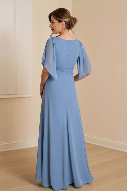 Dusty Blue Chiffon Appliqued Long Mother of the Bride Dress with Ruffles