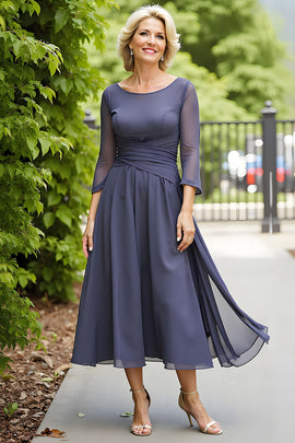 Steel Grey Chiffon A Line Boat Neck Long Mother of the Bride Dress with Sleeves