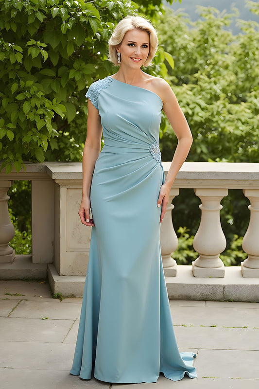 Light Blue Sheath One Shoulder Long Mother of the Bride Dress with Appliques