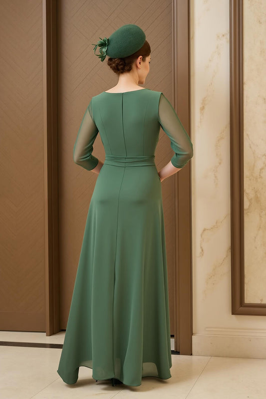 Dark Green Chiffon Ruched Long Mother of the Bride Dress with Sleeves