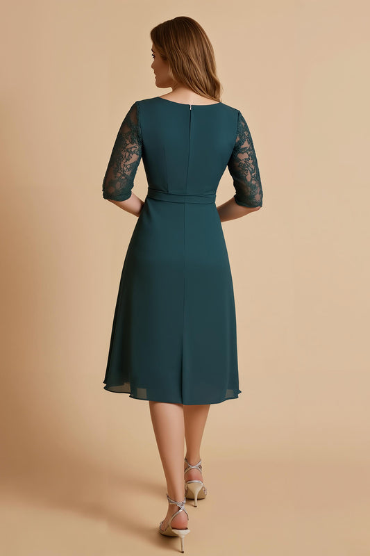 Pine Chiffon Ruched A Line Midi Mother of the Bride Dress with Lace