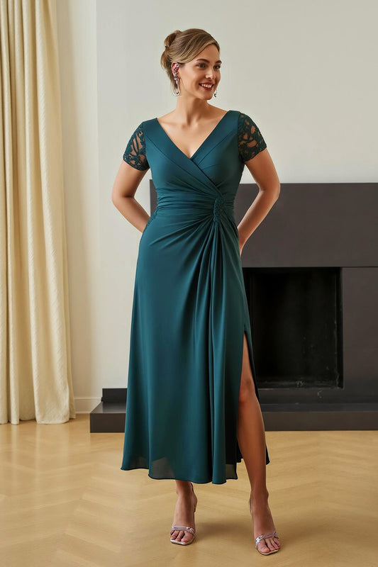 Pine Ruched V-Neck Long Mother of the Bride Dress with Slit