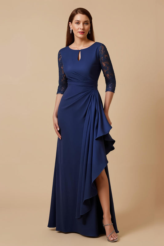 Navy Sheath Ruched Long Mother of the Bride Dress with Lace Sleeves