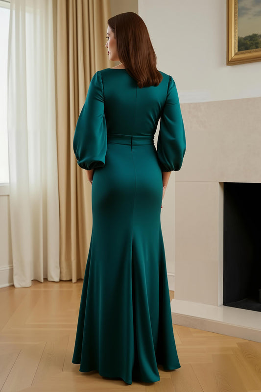 Pine Mermaid Satin V-Neck Long Mother of the Bride Dress with Sleeves