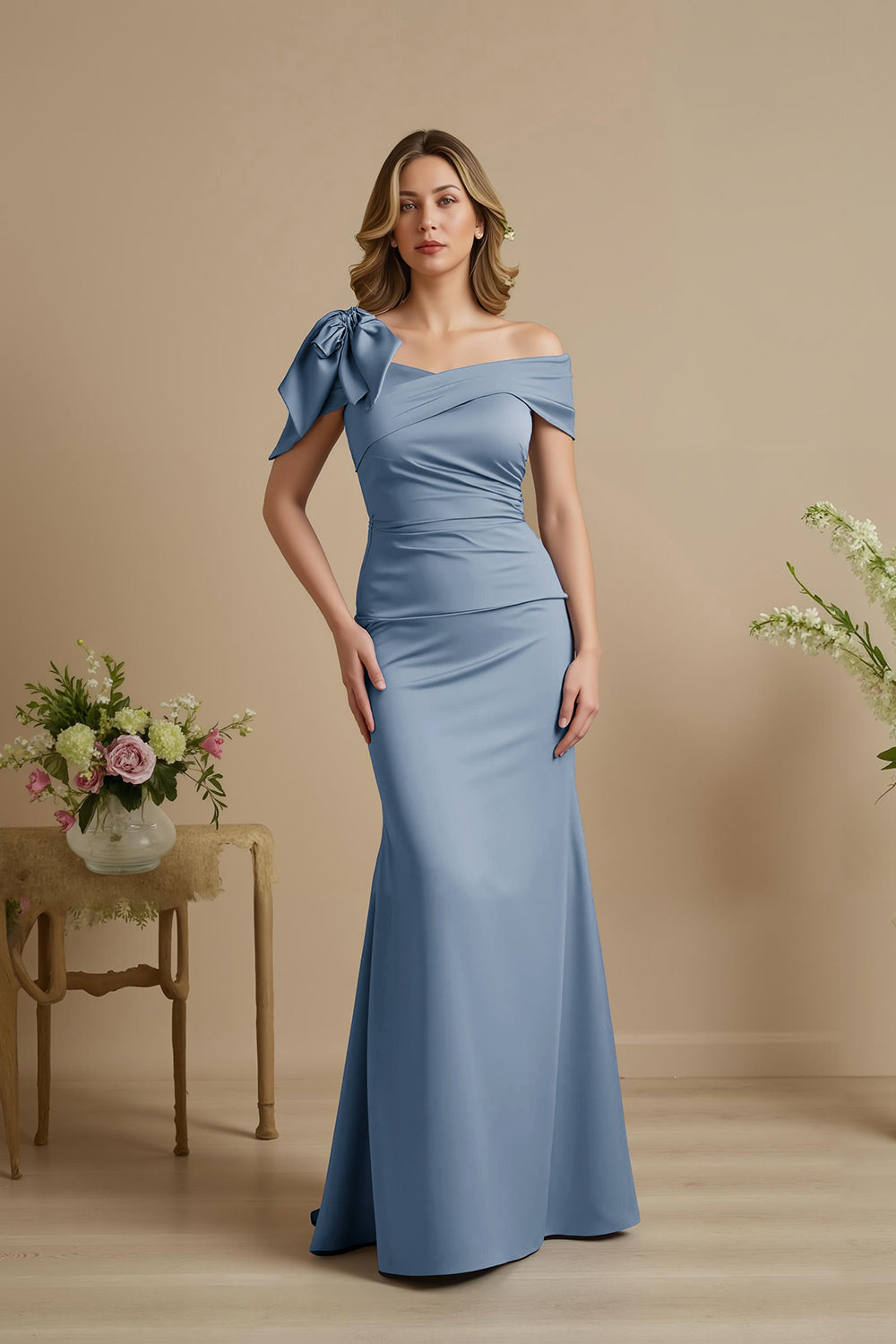 Zapakasa Women Dusty Blue Satin Long Mother of the Bride Dress with Bow Mermaid Ruched Off The Shoulder Wedding Guest Dress Zapakasa Women Dusty Blue Satin Long Mother of the Bride Dress with Bow Mermaid Ruched Off The Shoulder Wedding Guest Dress