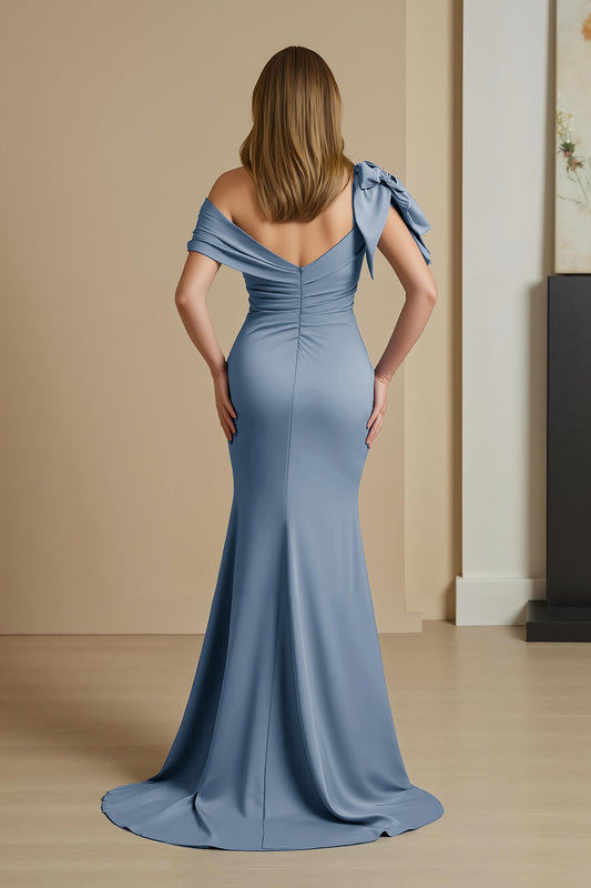 Dusty Blue Satin Mermaid Ruched Long Mother of the Bride Dress with Bow