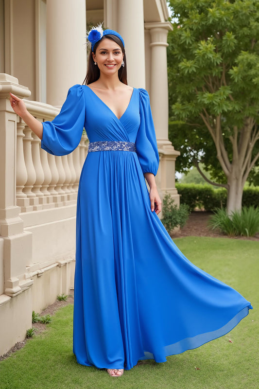 Blue A Line Chiffon V-Neck Long Mother of the Bride Dress with Beading