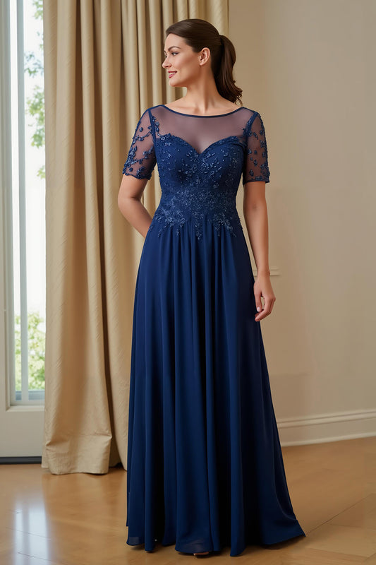 Navy Chiffon A Line Illusion Boat Neck Long Mother of the Bride Dress with Sleeves