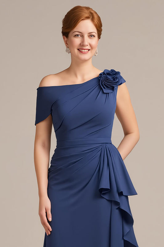 Navy Sheath Ruffled Long Mother of the Bride Dress with 3D Flower