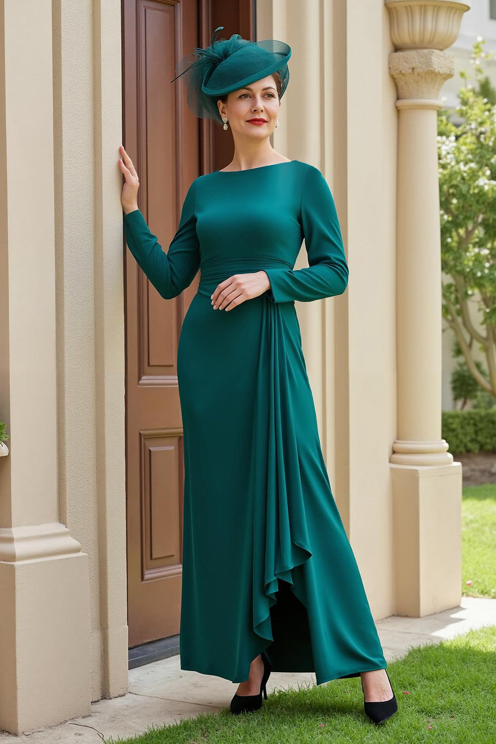Zapakasa Women Dark Green Sheath Long Sleeves Mother of the Bride Dress with Ruffles Ruched Bateau Neck Wedding Guest Dress Zapakasa Women Dark Green Sheath Long Sleeves Mother of the Bride Dress with Ruffles Ruched Bateau Neck Wedding Guest Dress