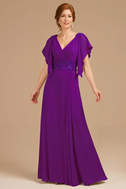 Grape V-Neck Appliqued Long Mother of the Bride Dress with Ruffles