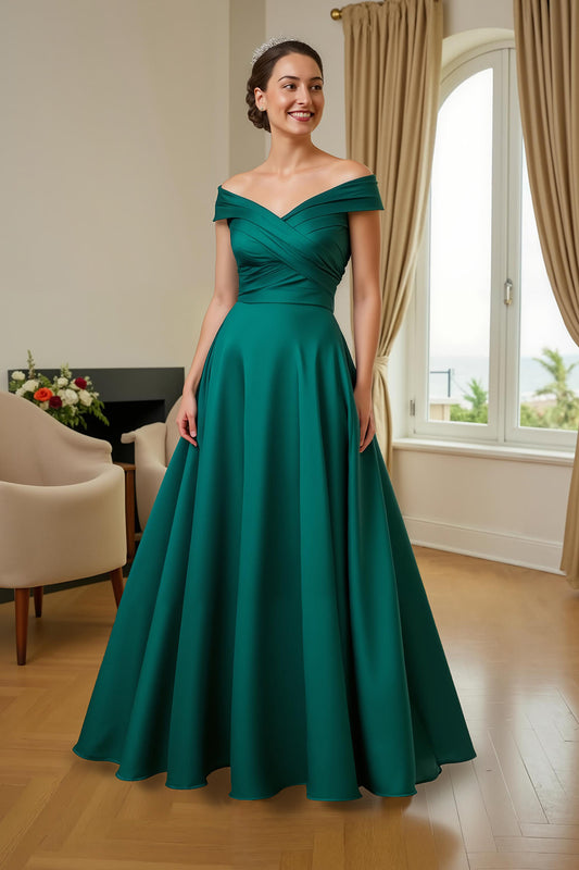 Dark Green A Line Satin Off The Shoulder Long Mother of the Bride Dress