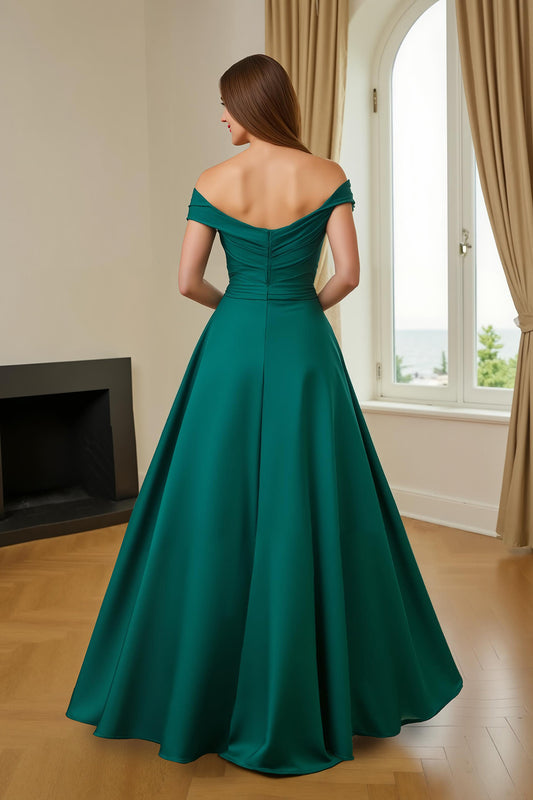 Dark Green A Line Satin Off The Shoulder Long Mother of the Bride Dress