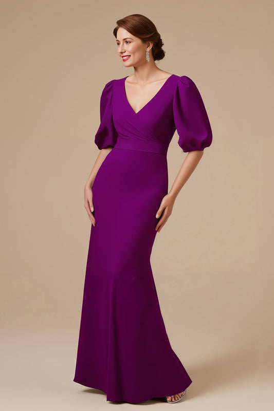 Grape Satin Mermaid V-Neck Long Mother of the Bride Dress with Sleeves