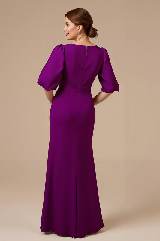 Grape Satin Mermaid V-Neck Long Mother of the Bride Dress with Sleeves