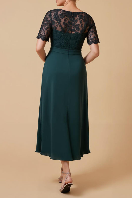 Pine Chiffon V-Neck Long Mother of the Bride Dress with Sleeves
