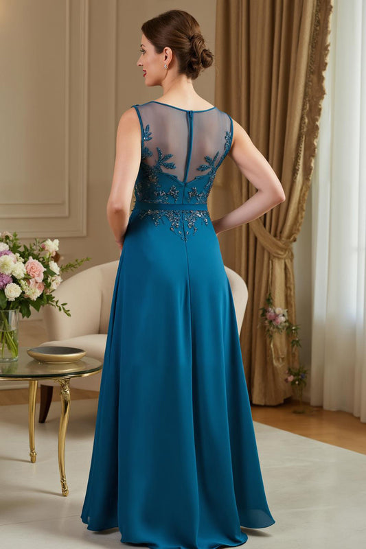 Peacock Blue A Line Long Mother of the Bride Dress with Appliques