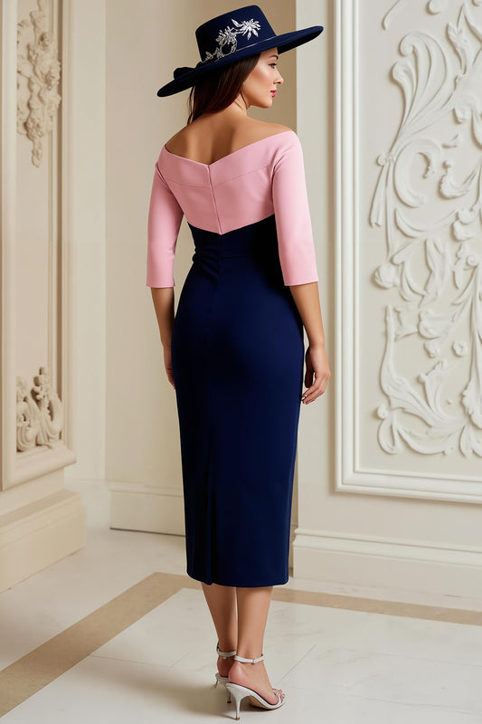 Navy Satin Bodycon Midi Mother of the Bride Dress with Appliques