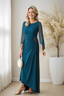Peacock Blue Chiffon Sheath Boat Neck Long Mother of the Bride Dress with Beading