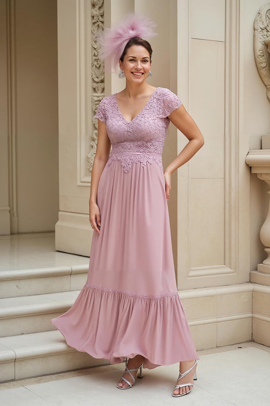 Dusty Rose Chiffon V-Neck Long Mother of the Bride Dress with Lace