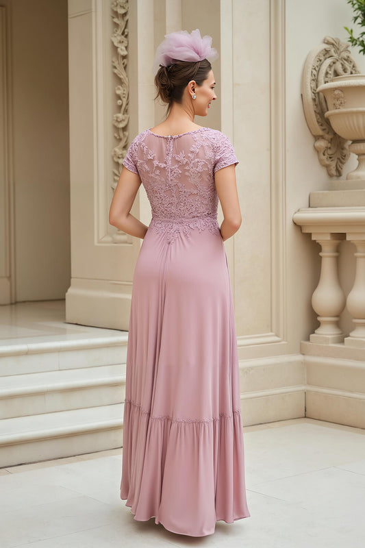 Dusty Rose Chiffon V-Neck Long Mother of the Bride Dress with Lace