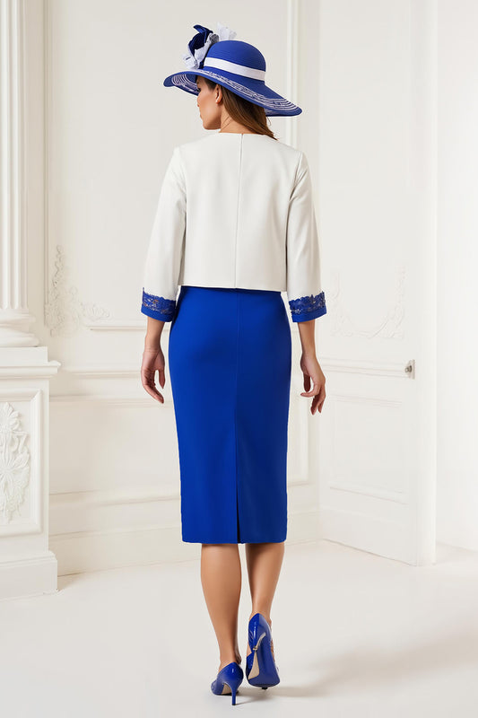 Royal Blue 2 Piece Bodycon Midi Mother of the Bride Dress with Lace