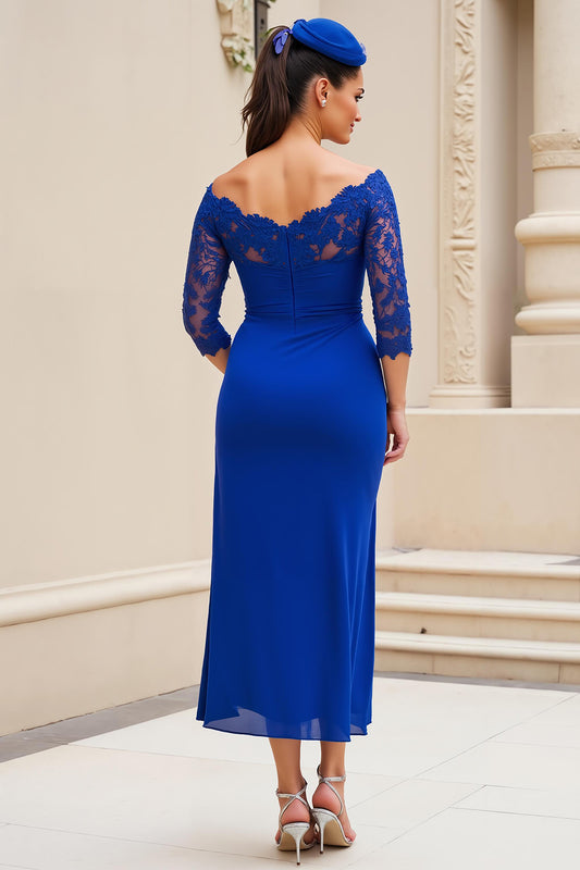 Royal Blue Ruched Midi Mother of the Bride Dress with Sleeves