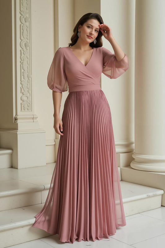 Dusty Rose Chiffon Pleated Long Mother of the Bride Dress with Sleeves