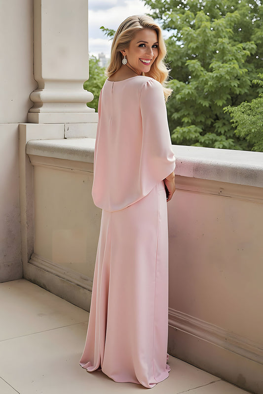 Candy Pink Sheath Chiffon Round Neck Long Mother of the Bride Dress with Sleeves
