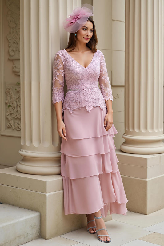 Blush Chiffon Appliqued Long Mother of the Bride Dress with Sleeves