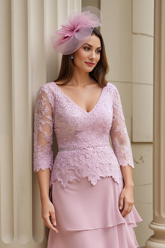 Blush Chiffon Appliqued Long Mother of the Bride Dress with Sleeves