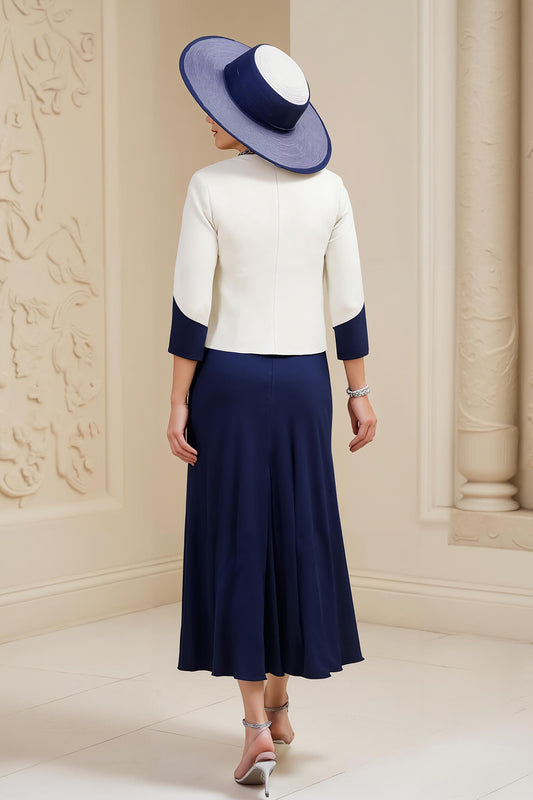 Navy 3 Piece Long Mother of the Bride Outfits with Sleeves