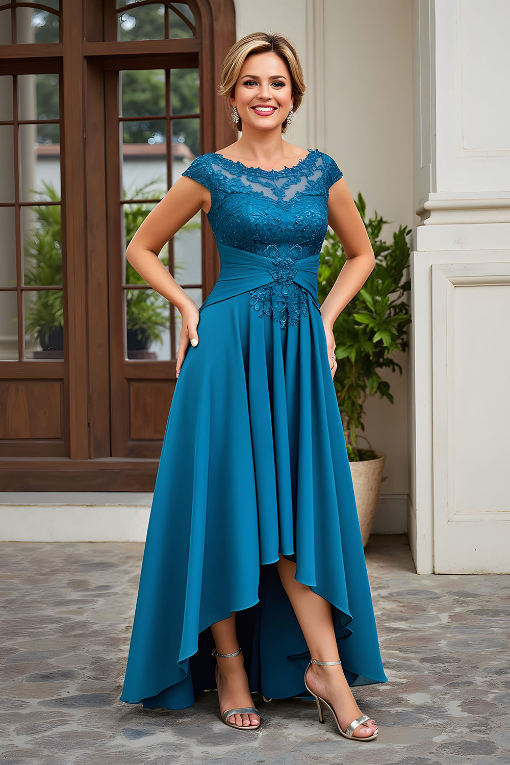 Zapakasa Women Peacock Blue A Line Asymmetrical Mother of the Bride Dress with Lace Appliqued Chiffon Boat Neck Wedding Guest Dress with Sleeves Zapakasa Women Peacock Blue A Line Asymmetrical Mother of the Bride Dress with Lace Appliqued Chiffon Boat Neck Wedding Guest Dress with Sleeves