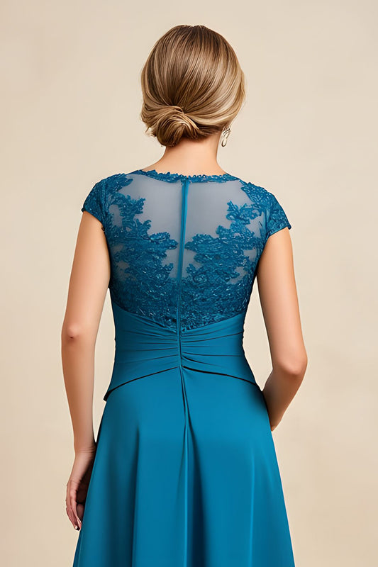 Peacock Blue A Line Chiffon Asymmetrical Mother of the Bride Dress with Lace