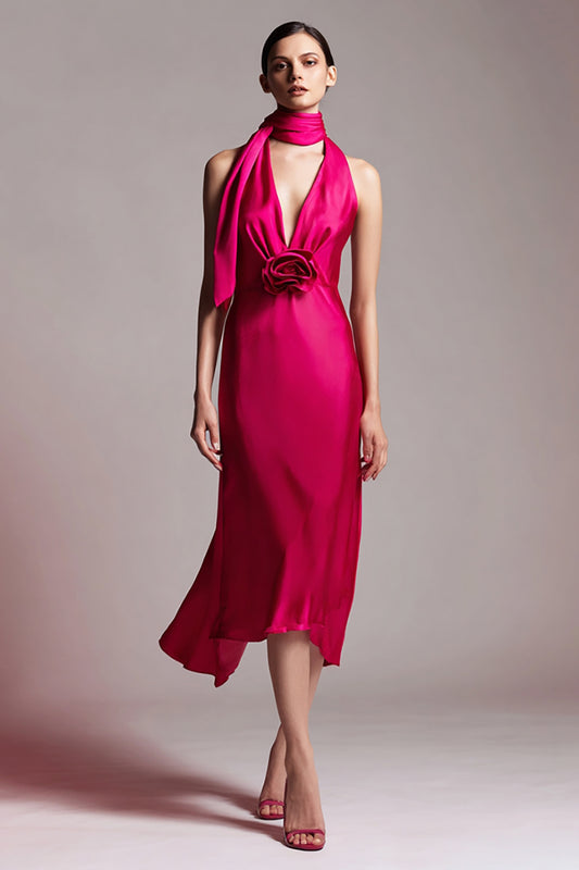 Fuchsia Floral Satin Sheath Neck Scarf Midi Formal Dress