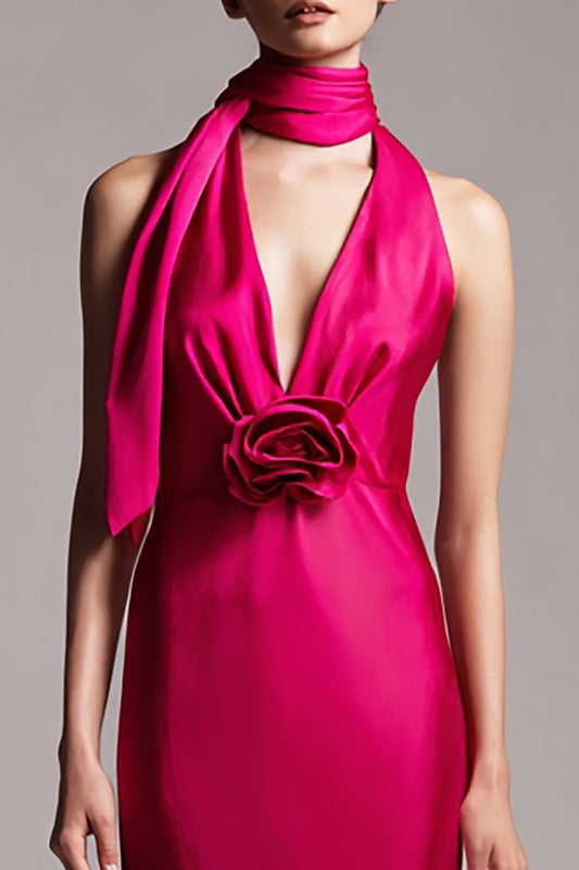 Fuchsia Floral Satin Sheath Neck Scarf Midi Formal Dress
