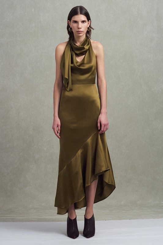Olive Satin Sheath Neck Scarf Asymmetrical Formal Dress with Ruffles