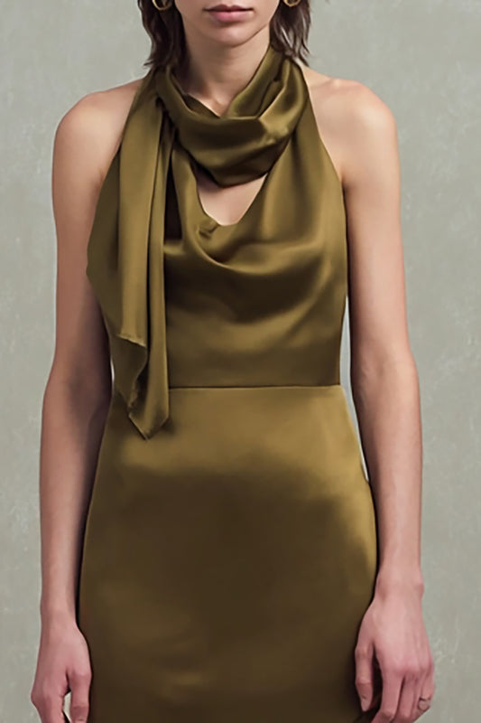 Olive Satin Sheath Neck Scarf Asymmetrical Formal Dress with Ruffles