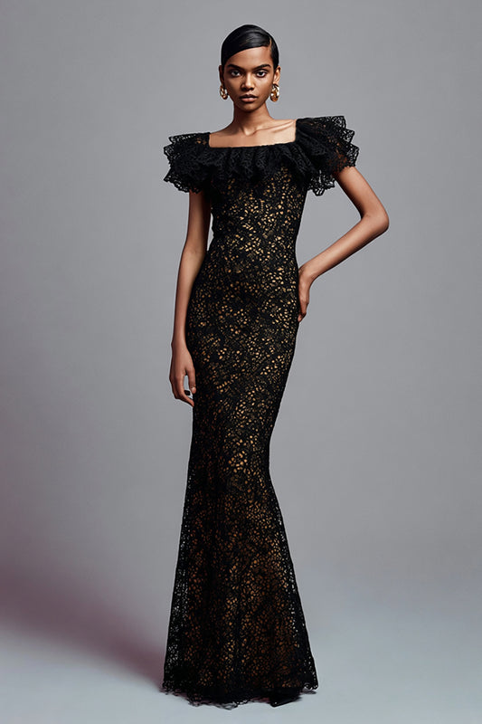 Black Lace Mermaid Ruffled Long Formal Dress with Sleeves