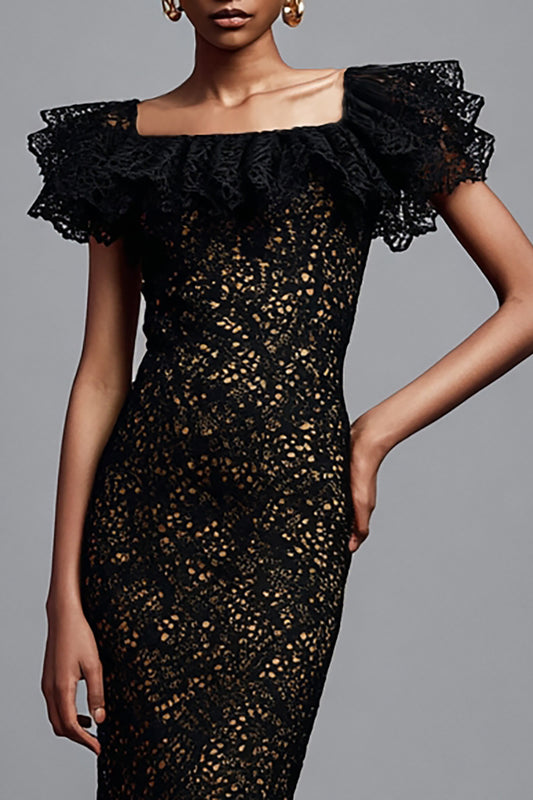 Black Lace Mermaid Ruffled Long Formal Dress with Sleeves