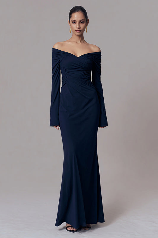 Simple Navy Mermaid Ruched Long Sleeves Formal Dress